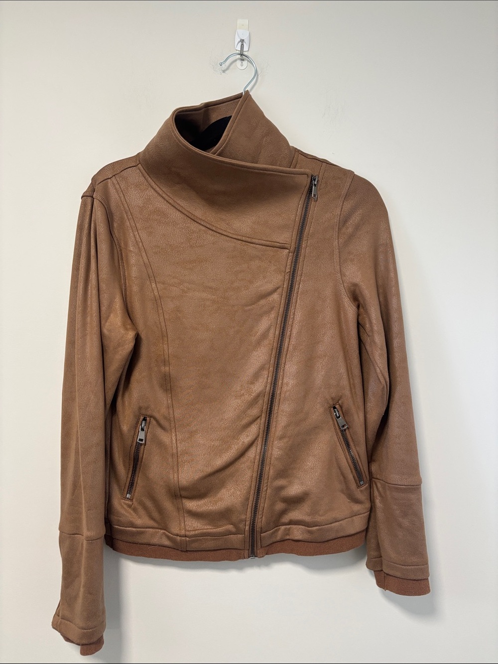 Dance & Marvel Tan Asymmetrical Zip Bomber Jacket-leather look sweatshirt